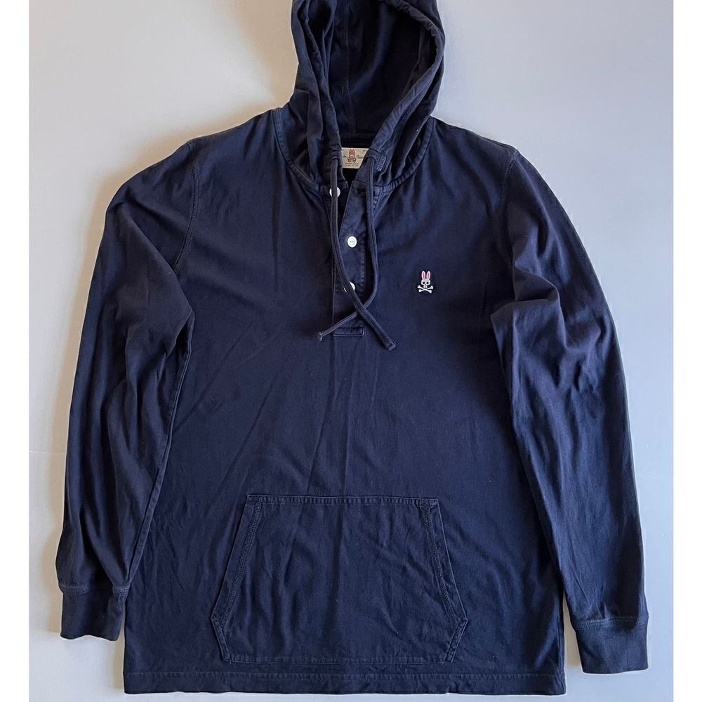 Psycho Bunny Men's Long Sleeve Placket Hoodie in Navy Pima Cotton Size Small EUC